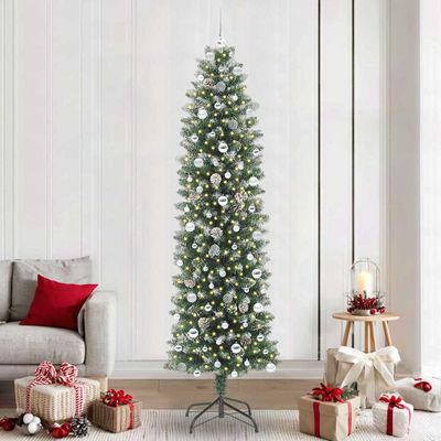 vidaXL Umelý chudý vianočný strom s 300 LED-i Zelená a biela 240 cm