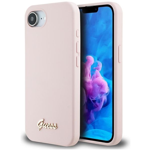 Puzdro Guess HC Silicone Script Metal Logo pre iPhone 16e Ružové