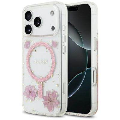 Puzdro Guess Resin Flowers Glitter MagSafe pre iPhone 17 Pro ružové