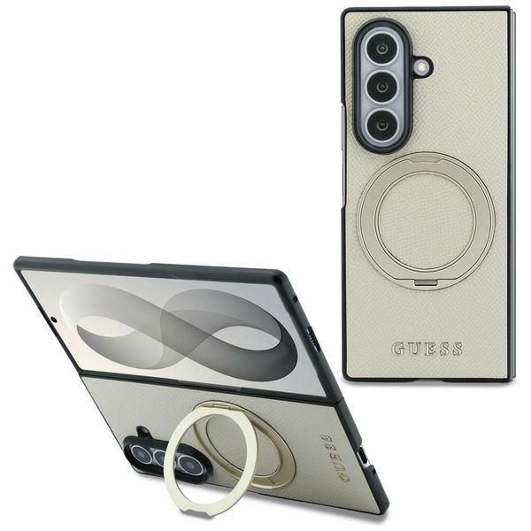 Guess HC Magnetic Ring Stand Grained PU Classic Logo puzdro pre Samsung Galaxy Z Fold 8 Ultra béžové