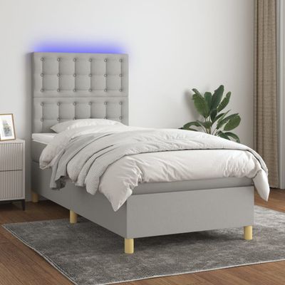 vidaXL Posteľ boxsping s matracom a LED bledosivá 90x190 cm látka
