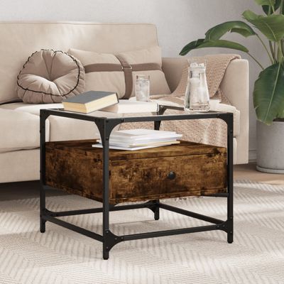 vidaXL Konferenčný stolík sklenená doska dymový dub 50x50x45 cm oceľ