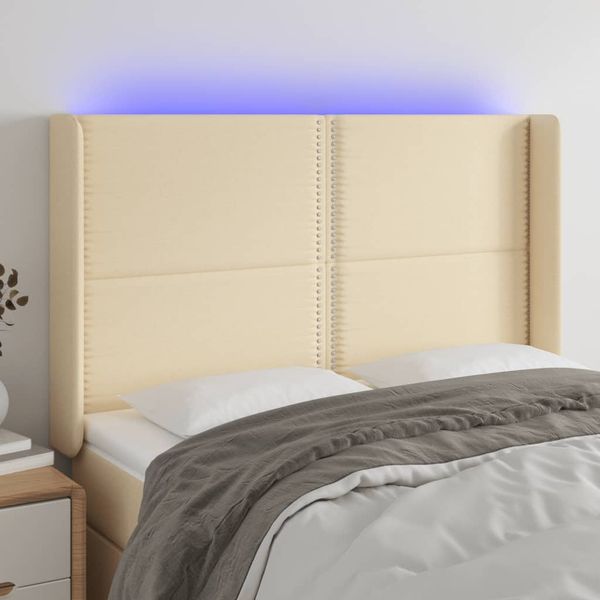 vidaXL Čelo postele s LED krémové 147x16x118/128 cm látka