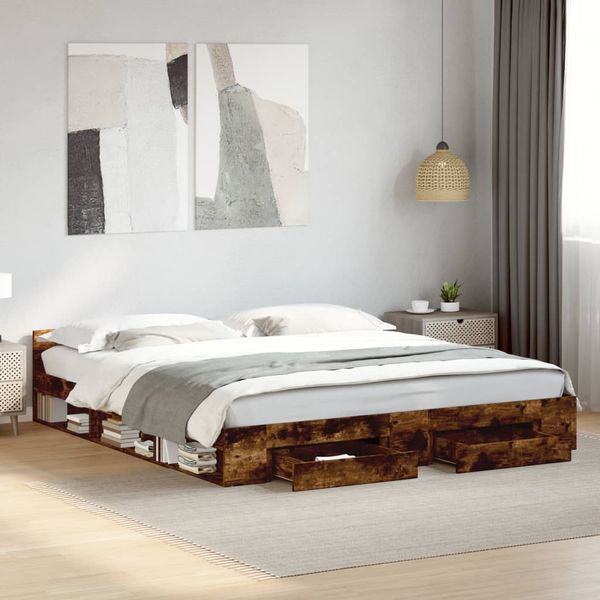 vidaXL Posteľný rám so zásuvkami dymový dub 200x200cm kompozitné drevo