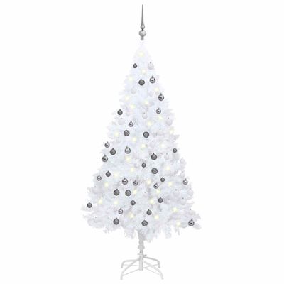 vidaXL Osvetlený umelý vianočný stromček s guľami, biely 150 cm, PVC