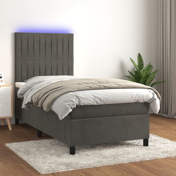 vidaXL Posteľ boxsping s matracom a LED tmavosivá 90x190 cm zamat