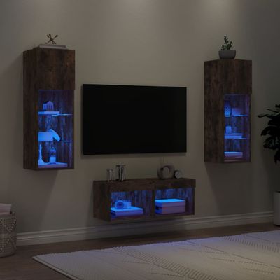 vidaXL 4-dielne TV nástenné skrinky s LED svetlami dymový dub