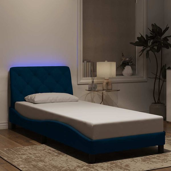 vidaXL Rám postele s LED bez matraca modrý 90x200 cm zamat