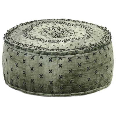 vidaXL Okrúhla taburetka s výšivkou zelená 60x25 cm zamatová
