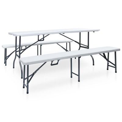 vidaXL Sklápací záhradný stôl a 2 lavičky HDPE a oceľ 180 cm biely