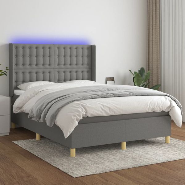 vidaXL Posteľ boxsping s matracom a LED tmavosivá 140x190 cm látka