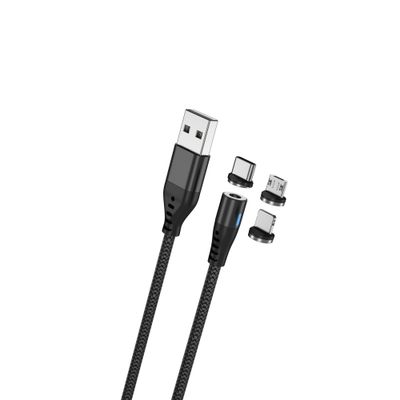 Maxlife MXUC-02 magnetický kábel USB - Lightning + USB-C + microUSB 1,0 m 2A čierny nylon