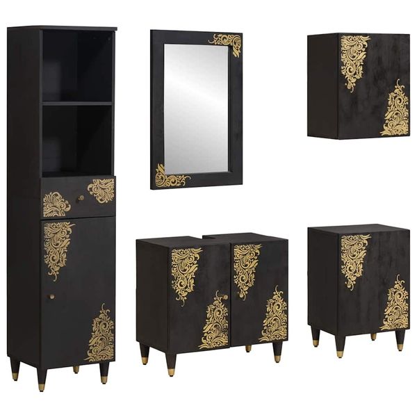 vidaXL Set kabinetov do kúpeľne 5 pcs Čierna Masívne mango drevo