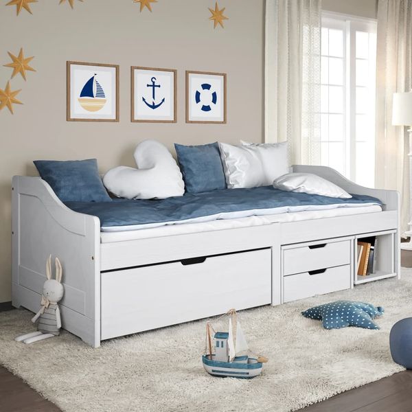 vidaXL Denná posteľ s 3 zásuvkami biela 90x200cm masívna borovica IRUN