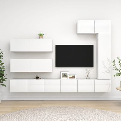 vidaXL 7-dielna súprava TV skriniek lesklá biela kompozitné drevo