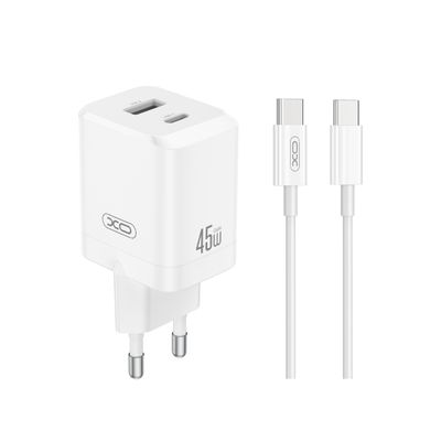 XO wall charger CE36 PD 45W 1x USB-C 1x USB white + cable USB-C - USB-C
