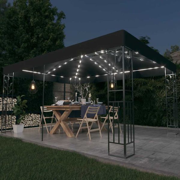 vidaXL Altánok s dvojitou strieškou a LED reťazou 3x4 m, antracitový