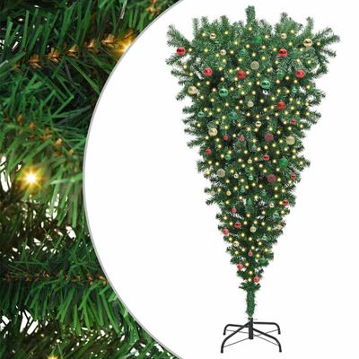 vidaXL Upside-down umelý vianočný stromček s guľami Zelená 210 cm PVC
