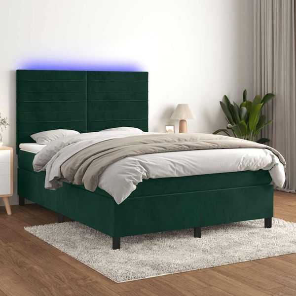 vidaXL Posteľný rám boxsping matrac a LED tmavozelený 140x200 cm zamat