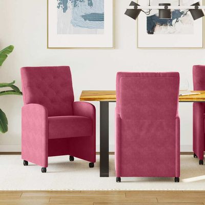 vidaXL Jedálenské stoličky na kolieskach 2 pcs vínovo červená Zamat