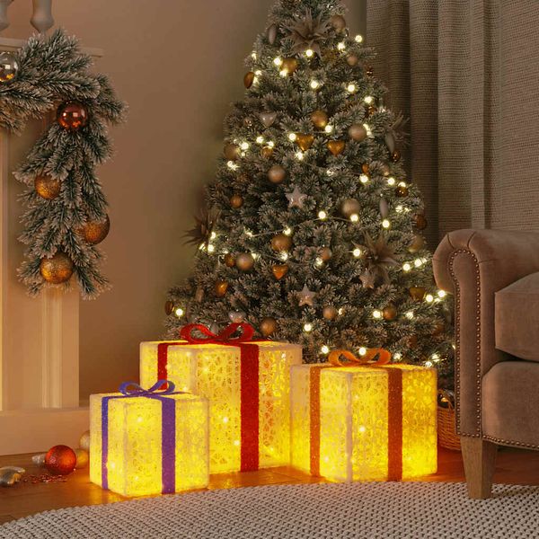 vidaXL Osvetlené vianočné darčeky 3 ks 64 LED diód teplé biele