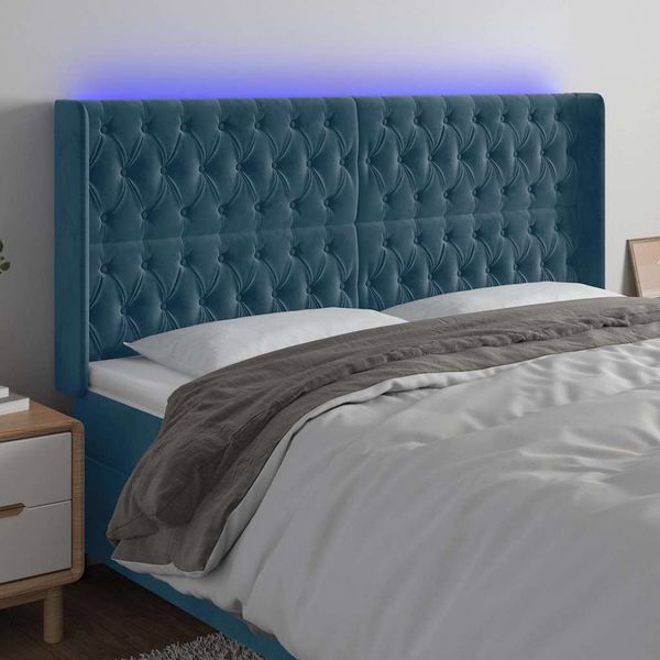 vidaXL Čelo postele s LED tmavomodré 183x16x118/128 cm zamat