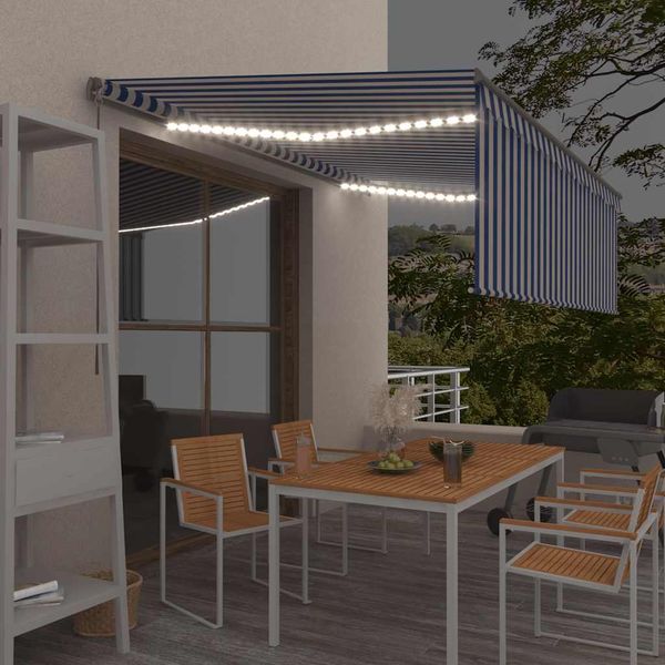 vidaXL Ručne zaťahovacia markíza s tienidlom a LED 4,5x3 m modro-biela
