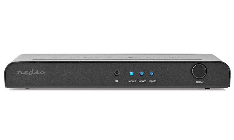 NEDIS HDMI přepínač/ 3x HDMI vstup/ 1x HDMI výstup/ 4K@60Hz/ dálkové ovládání/ box/ kov/ antracit Prepínac, switch, 3× HDMI vstup, 1× HDMI výstup, manuální, 4K pri 60Hz, podpora 3D, kov, cerný