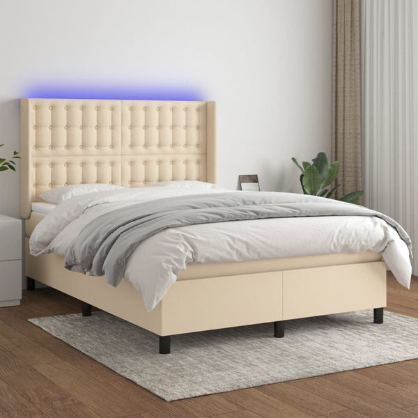 vidaXL Posteľ boxsping s matracom a LED krémová 140x200 cm látka