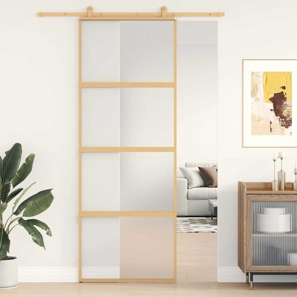vidaXL Posuvné dvere zlaté 76x205 cm matné ESG sklo a hliník