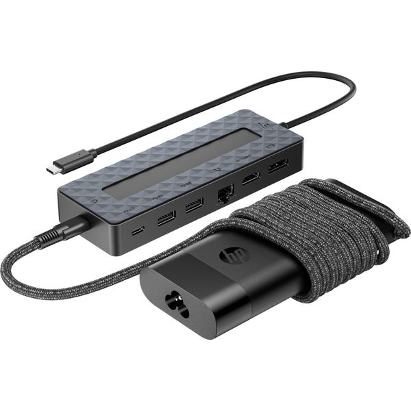 HP Univ. USB-C Hub and Laptop Charger Combo-EURO USB-C hub, 7 portu, HDMI 2.0, DisplayPort 1.2, dual 4K, Ethernet RJ-45, napájení 65W, AC adaptér 100W, cerný