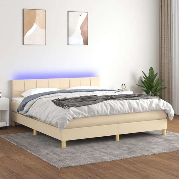 vidaXL Posteľ boxsping s matracom a LED krémová 180x200 cm látka