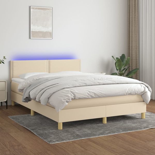 vidaXL Posteľ boxsping s matracom a LED krémová 140x190 cm látka