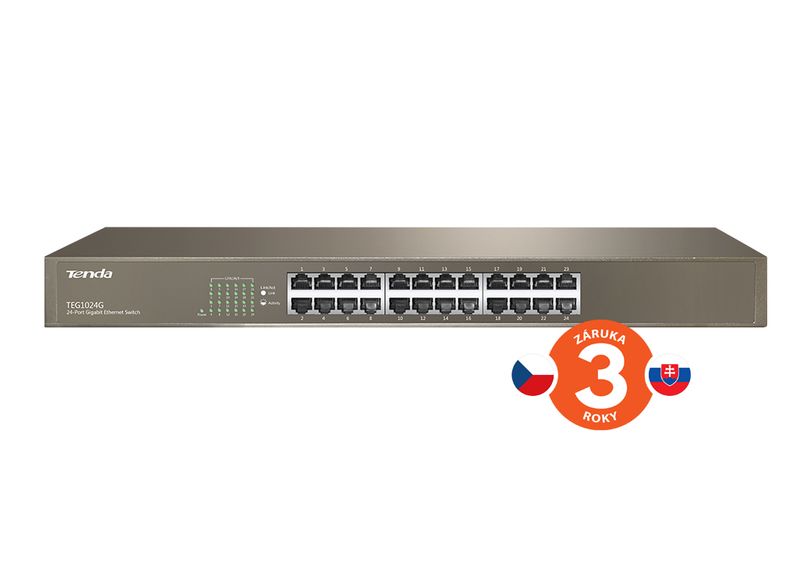 Tenda TEG1024G 24x Gigabit Switch, Fanless-bez ventilátorov, Rackmount 19'', ochrana proti prepätiu