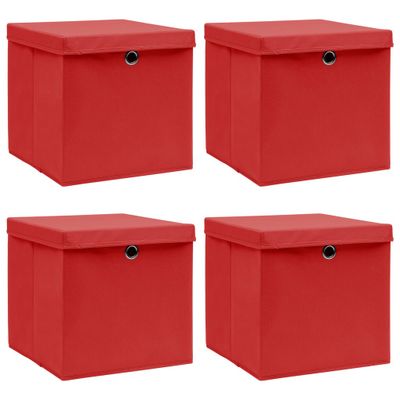 vidaXL Úložné boxy s vekom 4 ks, červené 32x32x32 cm, látka