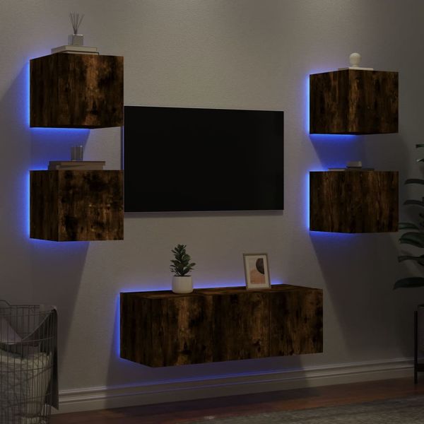 vidaXL 6-dielne TV nástenné skrinky s LED dymový dub kompozitné drevo