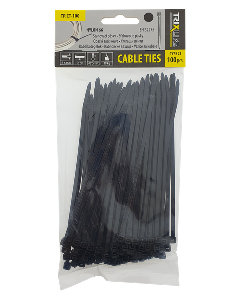 Sťahovacie pásky TR CT-100 150x3,6mm, čierne TRIXLINE, 100ks