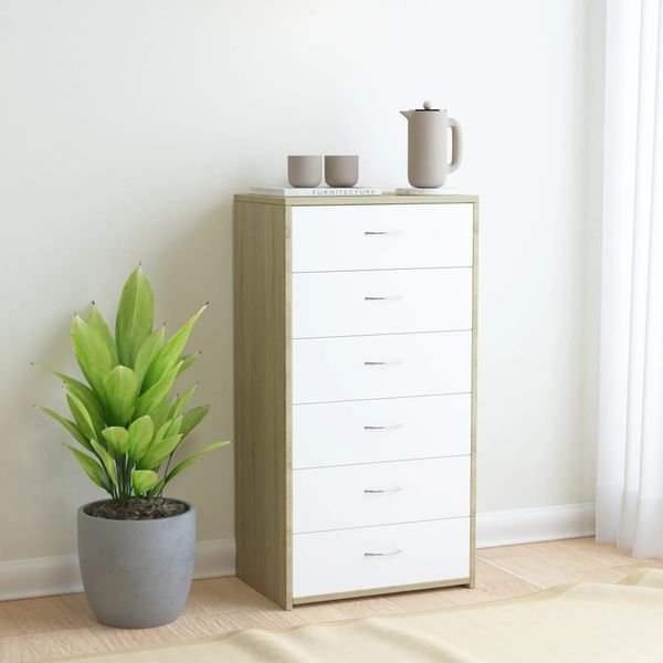 vidaXL Komoda so 6 zásuvkami, biela+sonoma 50x34x96cm kompozitné drevo