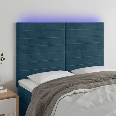 vidaXL Čelo postele s LED tmavomodré 144x5x118/128 cm zamat
