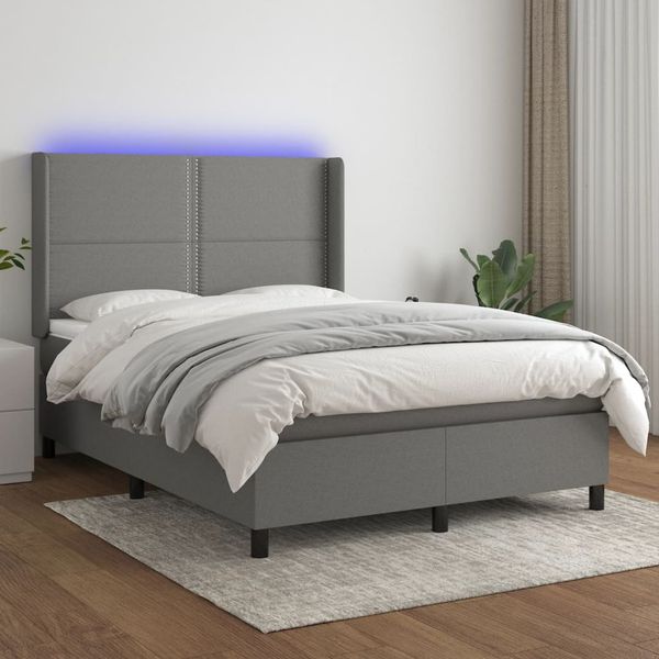 vidaXL Posteľ boxsping s matracom a LED tmavosivá 140x200 cm látka