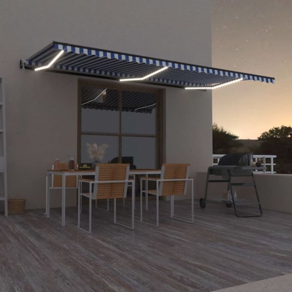 vidaXL Automatická markíza, LED a senzor vetra 600x350 cm, modrá/biela