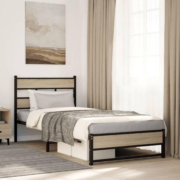 vidaXL Kovový posteľný rám bez matraca dub sonoma 107x203 cm
