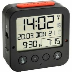 60.2528.01 TFA BINGO Digitálny rádiom riadený budík, 2 časy budenia, vnútorná teplota, čierny