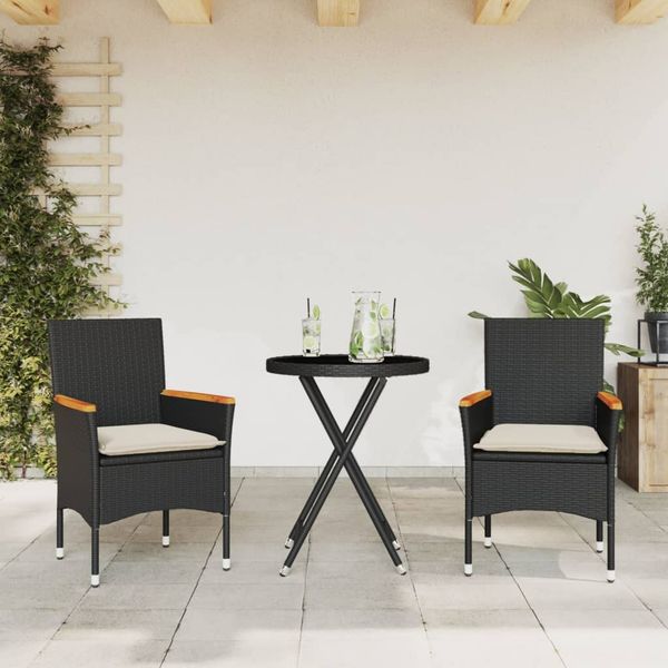 vidaXL 3-dielna bistro súprava s vankúšmi čierna polyratan a sklo