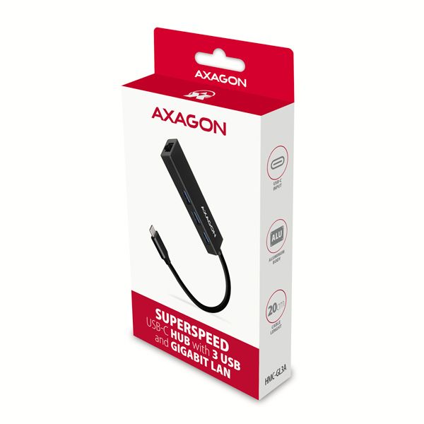 AXAGON HMC-GL3A, USB 3.2 Gen 1 hub, porty 3x USB-A + Gigabit Ethernet, kovový, kábel USB-C 20cm USB Hub, externý, 3x USB 3.0, GLAN, 0,2m, kovové telo, čierny