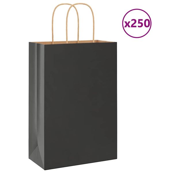 vidaXL Papierové tašky 250 ks s rúčkami, čierna, 21x11x31 cm