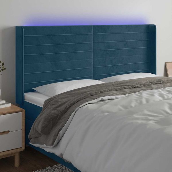 vidaXL Čelo postele s LED tmavomodré 163x16x118/128 cm zamat