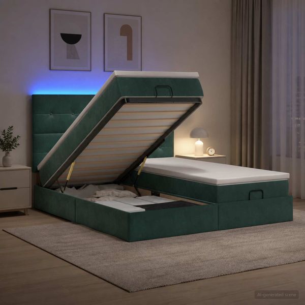 vidaXL Ottoman posteľ s matracom a LED Tmavozelená 200 x 200 cm Zamat