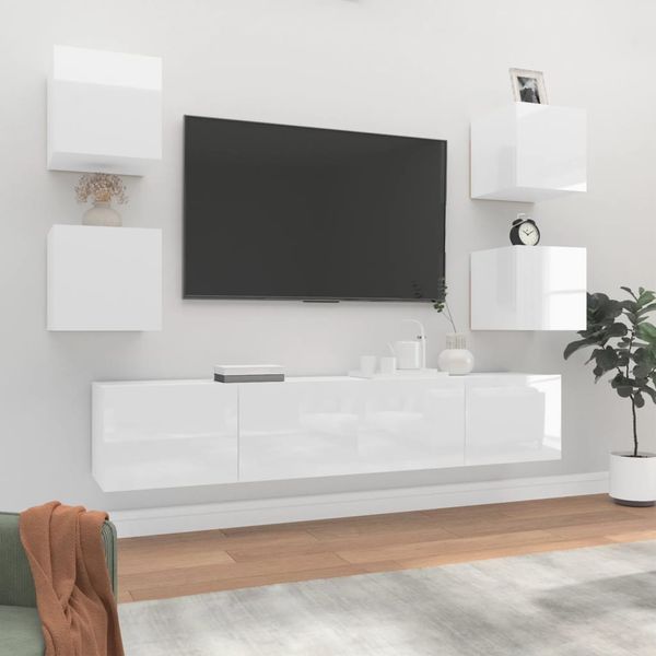 vidaXL 6-dielna súprava TV skriniek lesklá biela spracované drevo