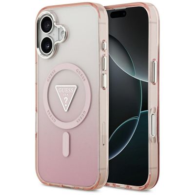 Puzdro Guess Case Magsafe IML Gradient s potlačou trojuholníkového loga a striebornými kovovými tlačidlami fotoaparátu pre iPhone 17 ružové